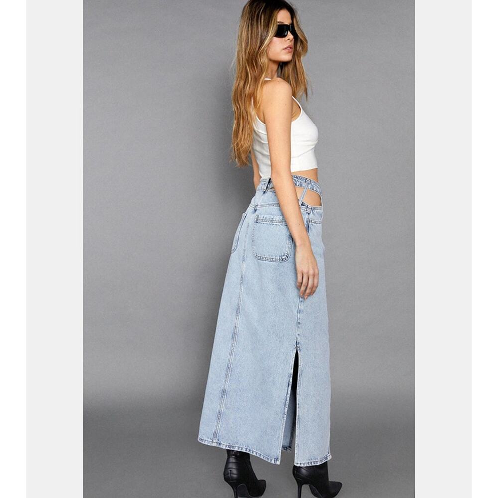 Nasty Gal Denim Maxi Skirt High Waist Side Slit Cut Out Pocket Size 10 - Picture 3 of 13